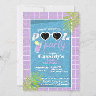 Retro purple lavender Summer Pool Birthday Party Invitation