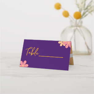 Retro Purple Orange Floral Wedding Party Place Card