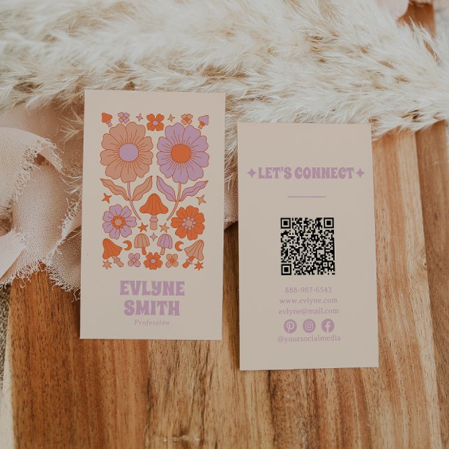 Retro Purple Orange QR Code Groovy Floral Boho Business Card (Creator Uploaded)