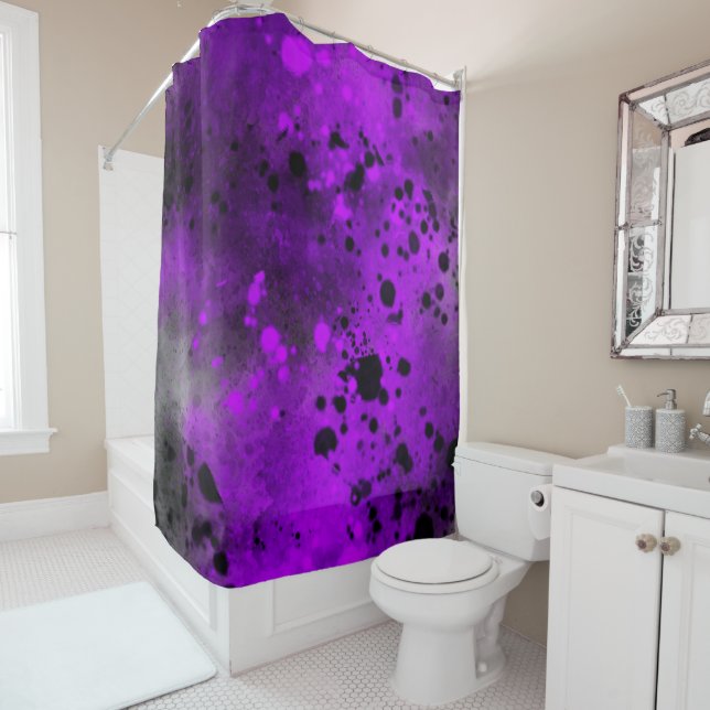 Retro Purple Paint Splatter  Shower Curtain (In Situ)