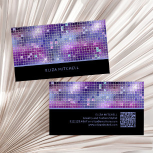 Retro Purple Pink Blue Disco Ball Mirror   QR Code Business Card
