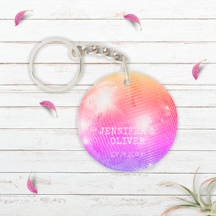 Retro Purple Pink Disco Ball Photo Wedding Favour Key Ring