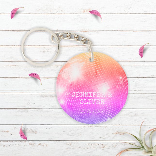 Retro Purple Pink Disco Ball Photo Wedding Favour Key Ring (Creator Uploaded)