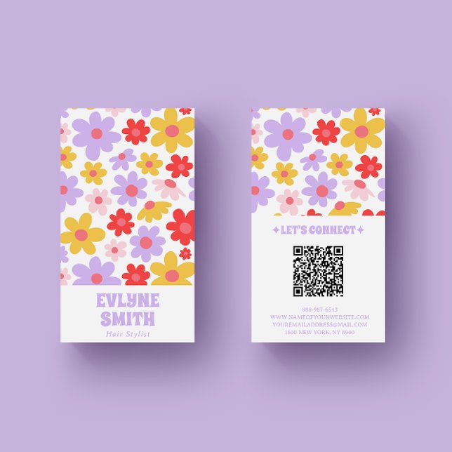 Retro Purple QR Code Groovy Floral Girly Boho   Business Card (Creator Uploaded)