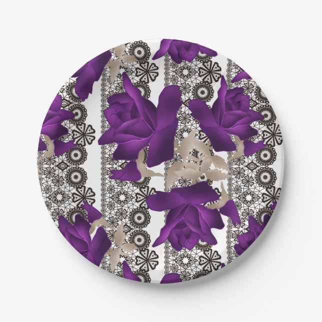 Retro, purple roses paper plate (Front)