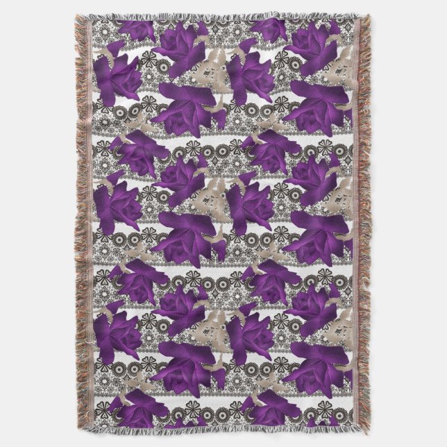 Retro, purple roses throw blanket (Front Vertical)