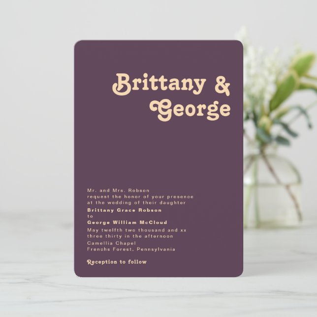 Retro Purple Rounded Corner Traditional Wedding Invitation (Standing Front)