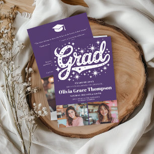 Retro Purple Script Stars 3-Photo Graduation Party Invitation