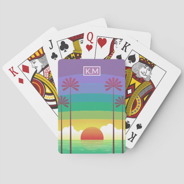 Retro Purple Sunset Palm Trees Art Monogram Playing Cards (Back)