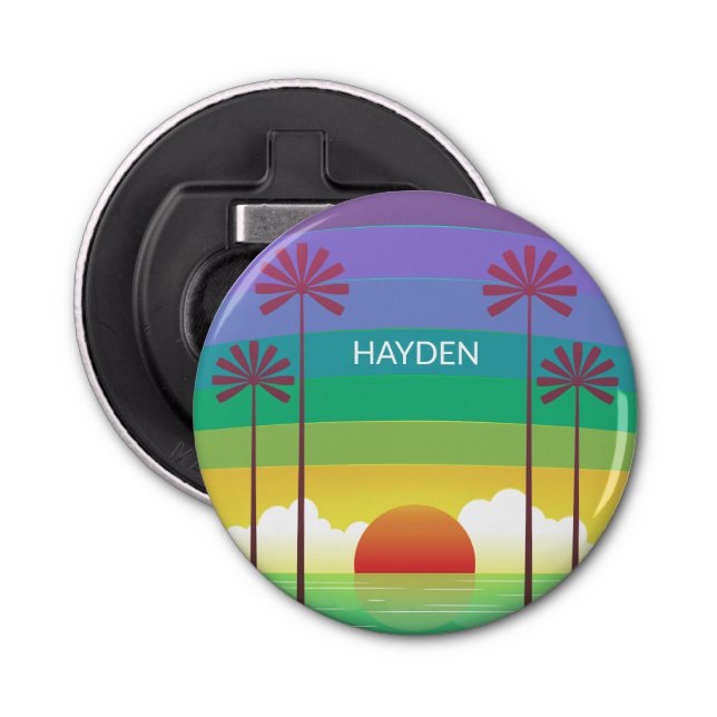 Retro Purple Sunset Palm Trees Art Personalised Bottle Opener (Front)