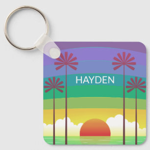 Retro Purple Sunset Palm Trees Art Personalised Key Ring