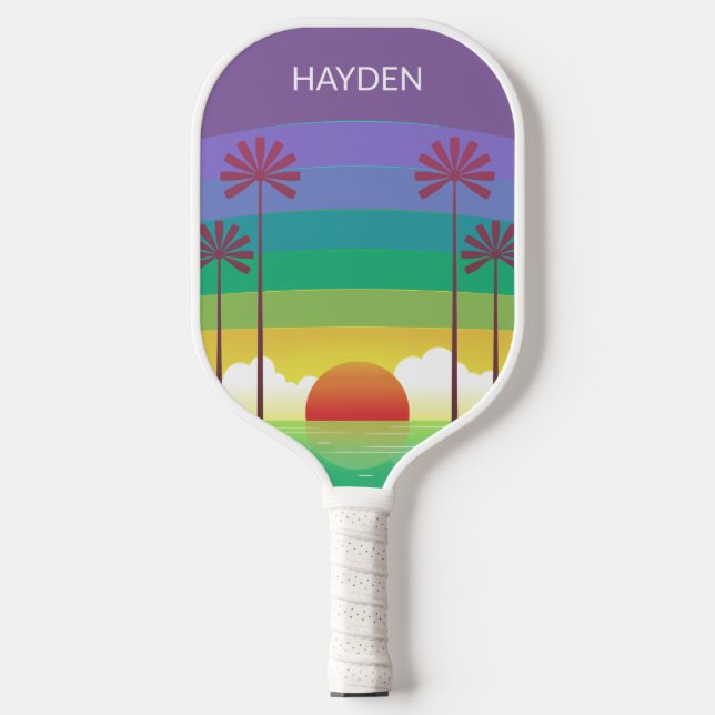 Retro Purple Sunset Palm Trees Art Personalised Pickleball Paddle (Front)