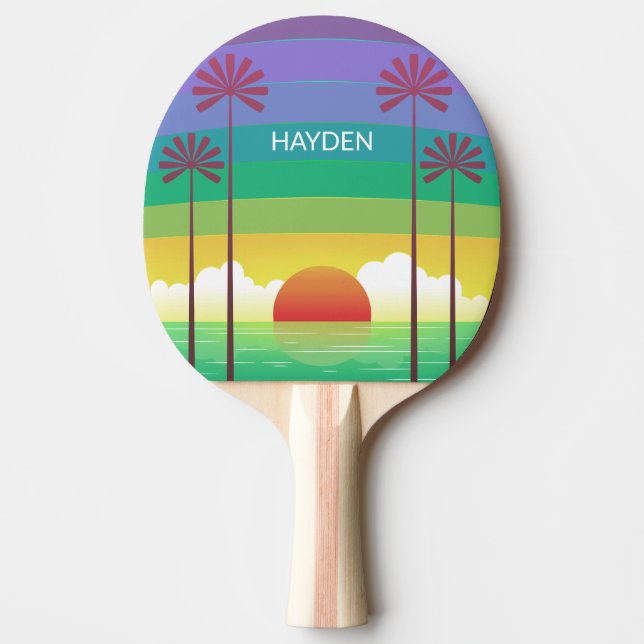 Retro Purple Sunset Palm Trees Art Personalised Ping Pong Paddle (Front)