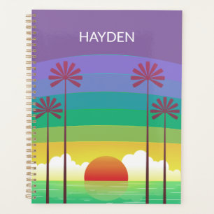 Retro Purple Sunset Palm Trees Art Personalised Planner