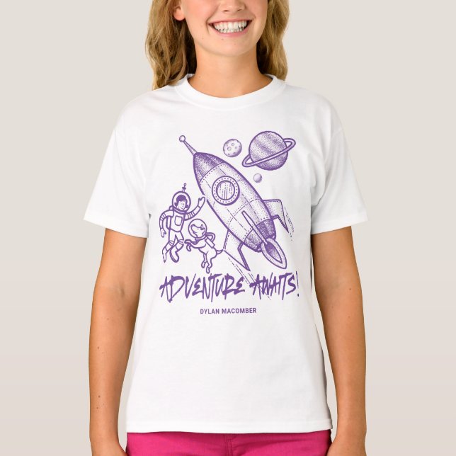 Retro Purple White Space Travel Rocket Astronaut T-Shirt (Front)