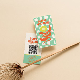 Retro QR Code Boho Groovy Checkered Floral Daisy Business Card