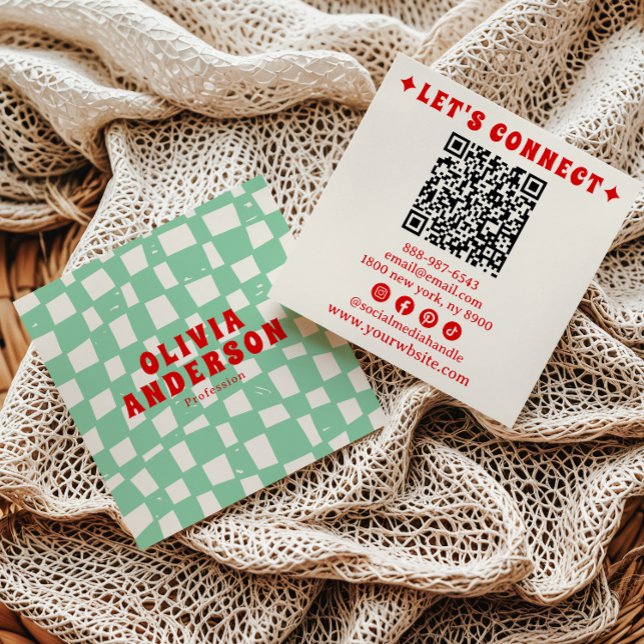 Retro QR Code Groovy Chequered Boho Trendy Unique Square Business Card (Creator Uploaded)