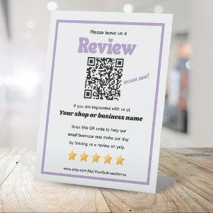 Retro QR code 'leave us a review' YELP purple Pedestal Sign
