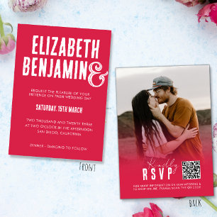 Retro QR Code RSVP Photo Magenta Wedding Invitation
