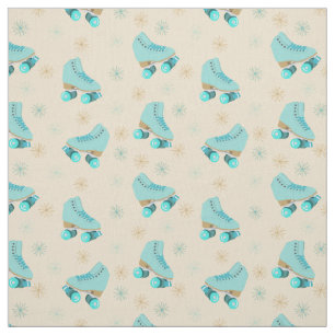 Retro Quad Roller Skates Teal and Tan Patterned Fabric