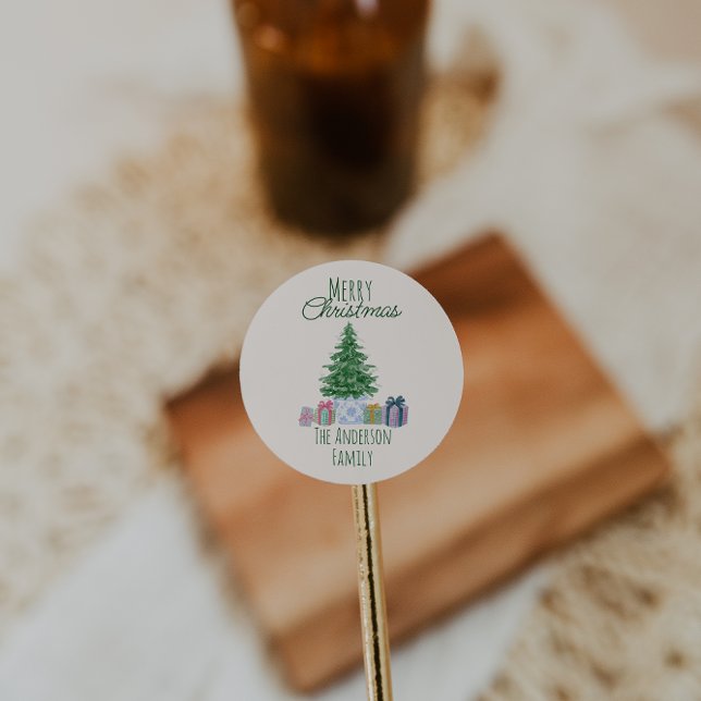 Retro Quirky Colourful Christmas Presents Tree Classic Round Sticker (Creator Uploaded)