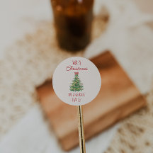 Retro Quirky Green Red Christmas Bow Tree Colourfu