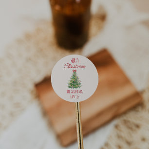 Retro Quirky Green Red Christmas Bow Tree Colourfu Classic Round Sticker