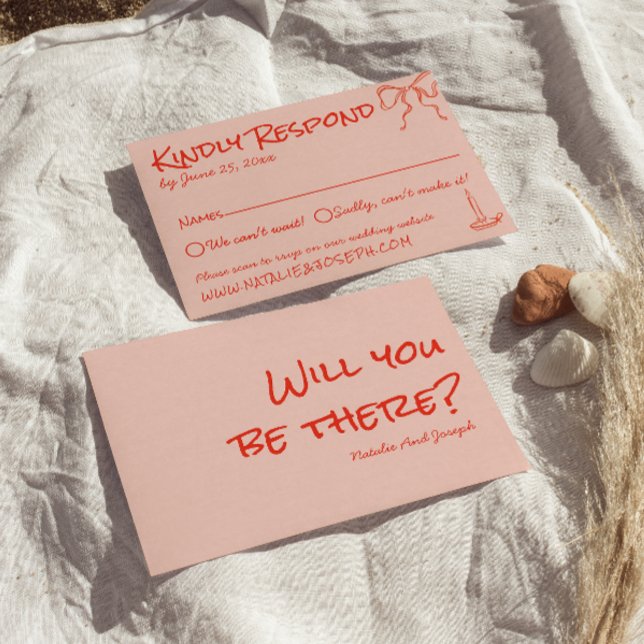 Retro Quirky Hand Drawn Pink Red Unique Wedding RSVP Card (Creator Uploaded)