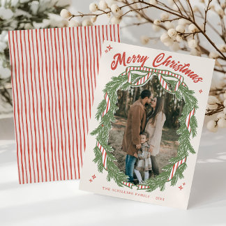 Retro Quirky Hand Drawn Wreath Bow Photo Christmas Holiday Card