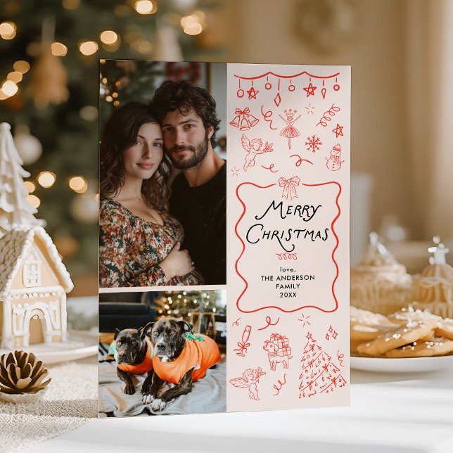 Retro Quirky Red Hand Drawn Merry Christmas Photo Holiday Card (Creator Uploaded)