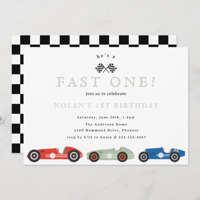 Retro Race Car Fast One Theme Birthday Invitation (Front/Back)