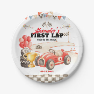 Retro Race Car First Lap Around the Track Birthday Paper Plate