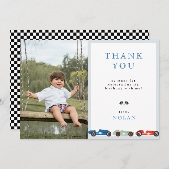 Retro Race Car Theme Birthday Photo Thank You Card (Front/Back)