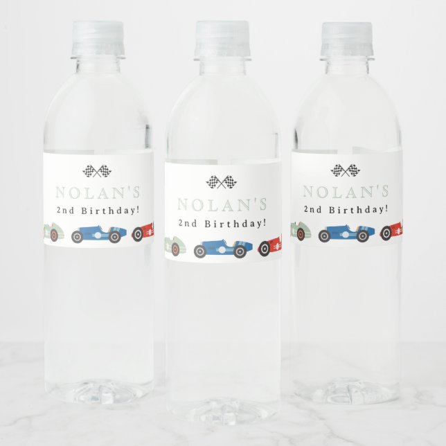 Retro Race Car Theme Birthday Water Bottle Label (Bottles)