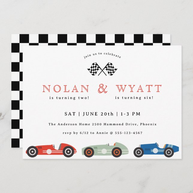 Retro Race Car Theme Joint Birthday Invitation (Front/Back)
