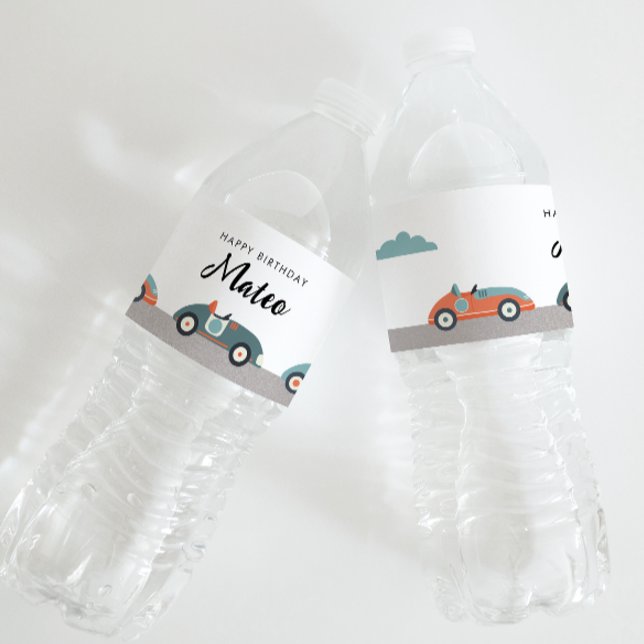 Retro Race Car Themed Birthday Water Bottle Label (Creator Uploaded)