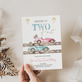 Retro Race Cars Twins Birthday Invitation