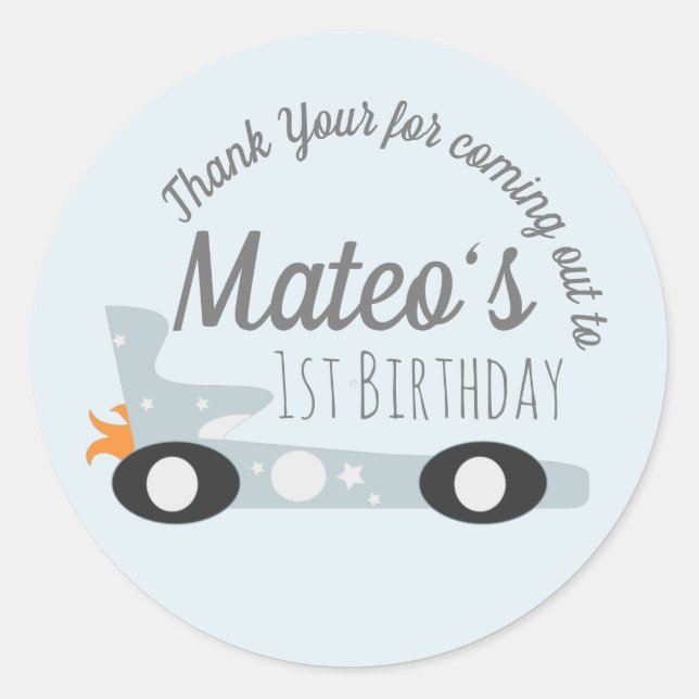 Retro Racing Cars Moon Stars First Birthday    Classic Round Sticker (Front)