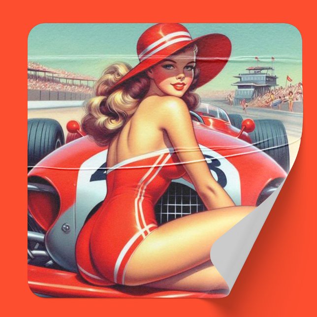 Retro Racing Pin-up Square Paper Coaster (Creator Uploaded)