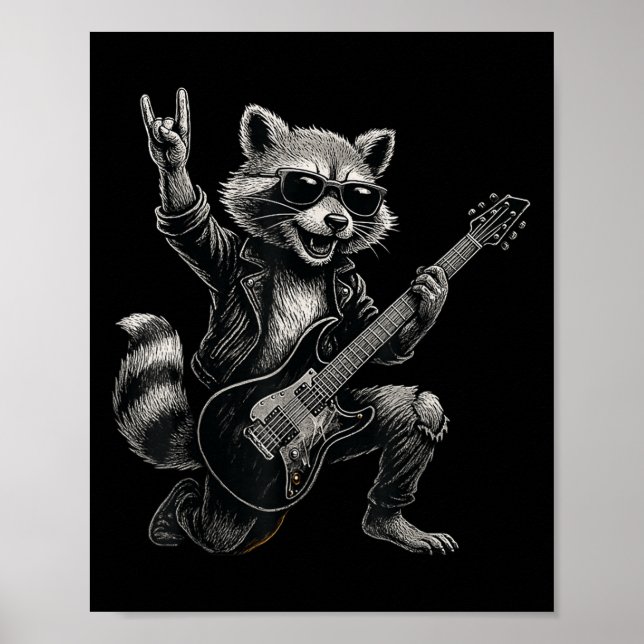 Retro Racoon Rock Music Gift Men Kids Women Funny Poster (Front)