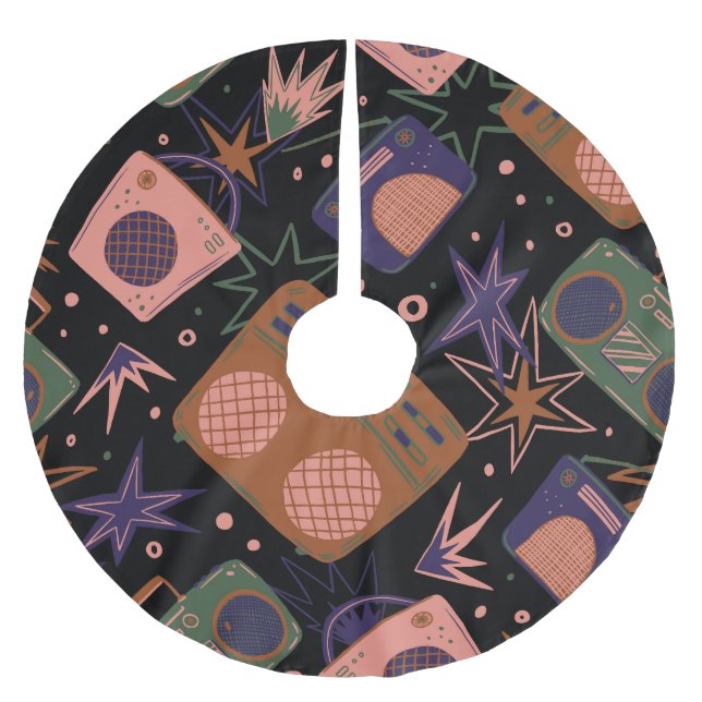 Retro radios, tape recorders pattern. brushed polyester tree skirt (Front)