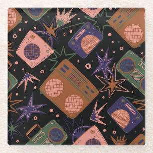 Retro radios, tape recorders pattern. glass coaster