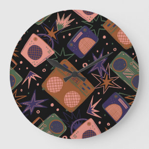 Retro radios, tape recorders pattern. large clock