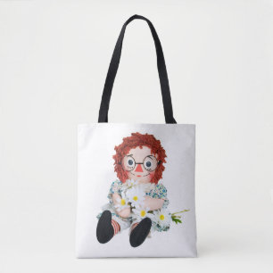retro rag doll with daisy bouquet tote bag