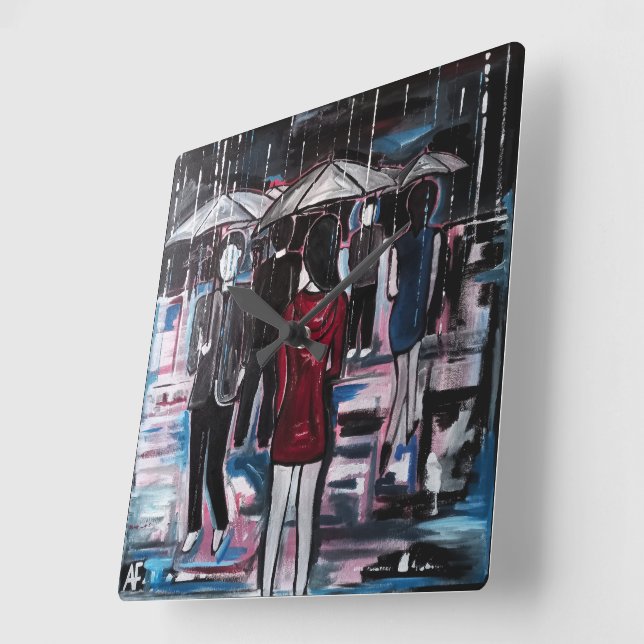 Retro Rain Painting by Alfred Fox Square Wall Clock (Angle)