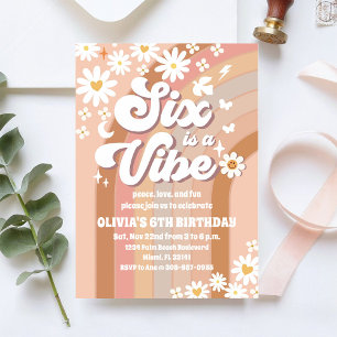 Retro Rainbow 6th Birthday Invitation