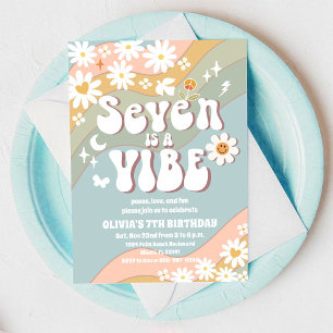 Retro Rainbow 7th Birthday Invitation