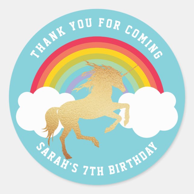 Retro Rainbow and Clouds Gold Unicorn Thank You Classic Round Sticker (Front)