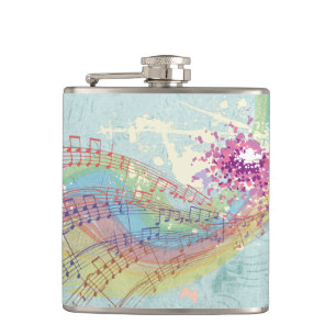 Retro Rainbow and Music Notes on a Shabby Texture Hip Flask