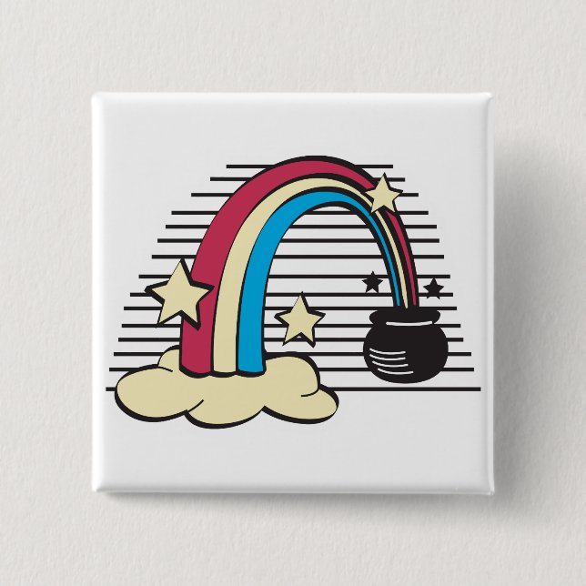 retro rainbow and pot o gold 15 cm square badge (Front)